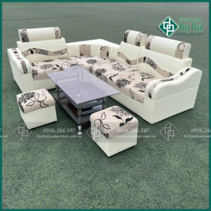 Thanh lý sofa da góc pha da pha nỉ màu hoa cúc tại Hà Nội mới 100%
